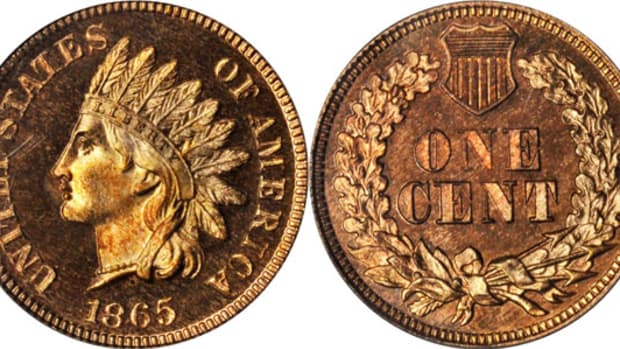 A surviving Proof 1865 Indian cent, this coin is a significant example of the rare Snow-PR1 die pairing.  Sold for $13,200. (Image courtesy of Stack's Bowers)