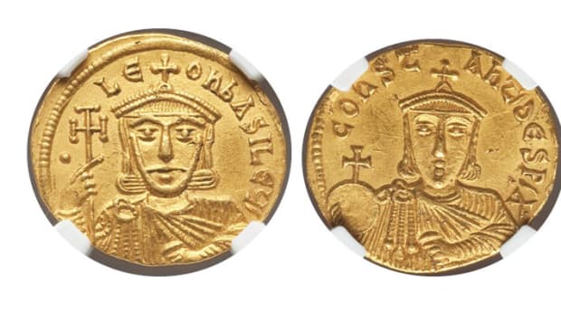 Top-selling gold: solidus of Leo V the Armenian, Emperor of the Byzantine Empire AD 813-820 (Sear 1627) that sold for $5,040 in NGC Choice AU 5/5 - 3/5 as part of Heritage Auctions on-line sale of the Morris Collection Part I. (Images courtesy and © Heritage Auctions.)