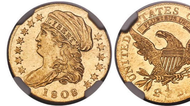 This 1808 quarter eagle graded MS-68 by NGC is sure to be a crowd pleaser for gold rarity enthusiasts. (All images courtesy Heritage Auctions)