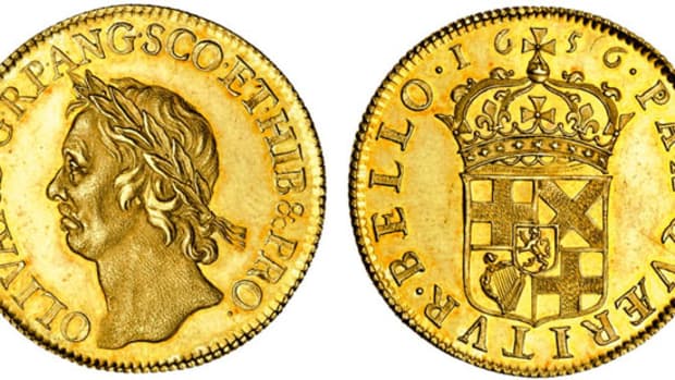 The superb gold broad of 1656 showing the laureate head of the Lord Protector of that realized $44,944 in Spink’s June sale. Image courtesy Spink, London.