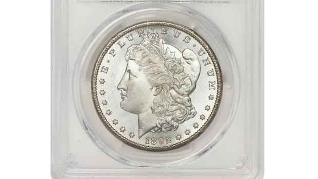 The finest known 1892-CC, graded PCGS MS67+ CAC/PQ with none graded higher, is one of the highlights of the 117-coin, all-time finest Illinois Set Collection of Morgan dollars now being offered intact for $9.7 million. (Photo courtesy of Mint State Gold by Stuppler and Company.)
