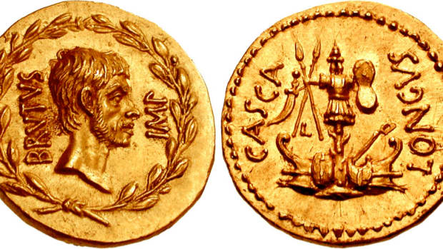 Hammered down for $800,000 at the Triton auction in New York City was a gold aureus of Brutus.