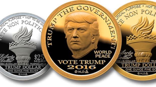 A lineup of the copper, silver and gold Trump medals going on sale.