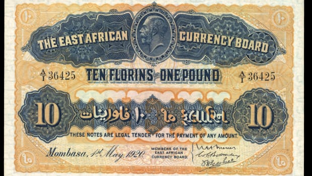 Top equal price I: East African Currency Board 10 florins (1 pound) of 1 May 1920 (P-10) that realized $38,400 in PMG Ch. UNC 64 at Knight Auctions IPMS sale in June. (Image courtesy Lyn Knight Auctions)