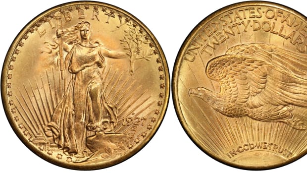 This 1927-D Saint Gaudens double eagle, graded MS-65+, sold for
