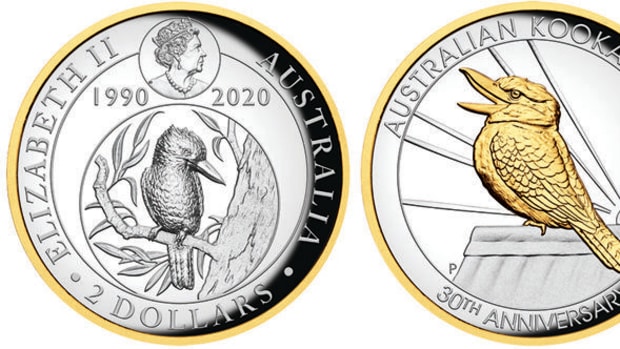 The obverse and reverse of the 30th Anniversary coin of the Australian kookaburra comes in silver proof with a selective gilding around the coin. (Images courtesy Perth Mint)