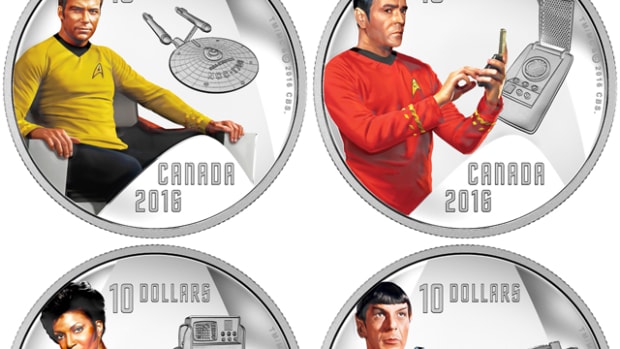 Canada’s four $10 silver proofs celebrating 50 years of the original Star Trek. The coins show eight icons from that first series: Captain James Tiberius Kirk and the U.S.S. Enterprise, Lieutenant Commander Montgomery Scott and a communicator, Communications Officer Lieutenant Uhura and a tricorder, and Lieutenant Commander Spock with a phaser. Images courtesy RCM. TM & © 2016 CBS Studios Inc. STAR TREK and related marks and logos are trademarks of CBS Studios Inc. All Rights Reserved.
