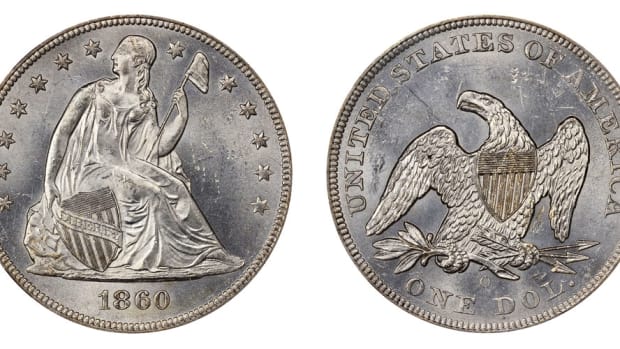 With a total mintage of 515,000, the 1860-O Seated Liberty dollars are 90% silver and 10% copper.  Seated Liberty dollars from 1840 to 1866 did not include the “In God We Trust” motto, which was added back mid-1866.  (Image courtesy of USACoinBook.com)