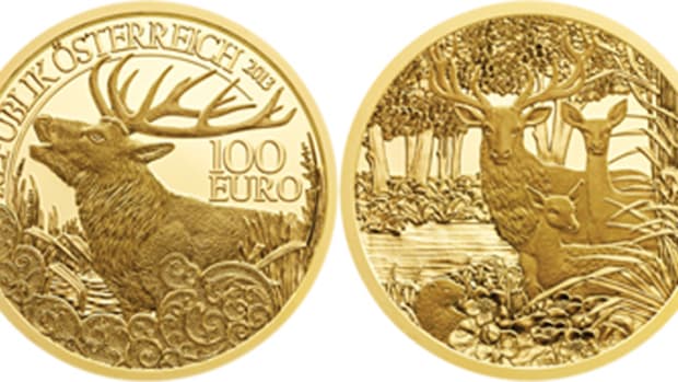 The 2013 Austria Red Deer 100 euro won Most Artistic Coin.