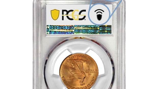 PCGS-graded coin and banknote holders now feature an NFC symbol on the obverse of the label. Coin holders also feature this symbol on the front bottom left of the holder. Image is courtesy of Professional Coin Grading Service.