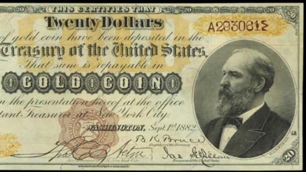 A rare ‘Triple Signature” 1882 $20 Gold Certificate led the Stack’s Bowers sale in Baltimore. It sold for $199,750.