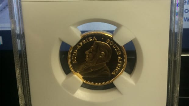 An image of the fake 2005 South Africa gold quarter krugerrand in a fake NGC holder.
