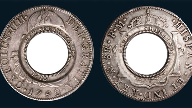 A Holey Dollar will be auctioned in July by Noble Numismatics.