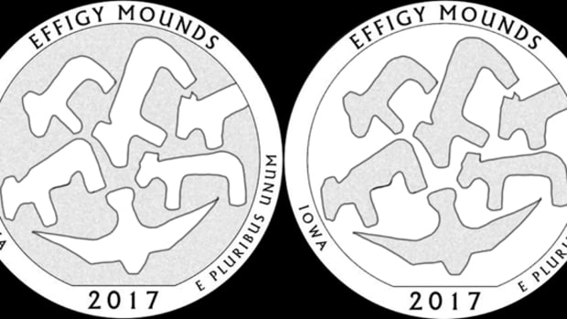 The CFA recommended both designs 13 (left) and 14 (right) for the Effigy Mounds quarter.