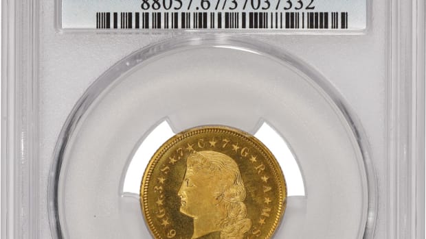 Stella in holder (p.4):  Certified as PCGS PR67CAM, this example of an 1879 Flowing Hair $4 Stellas is one of the finest known. (Image courtesy of PCGS)