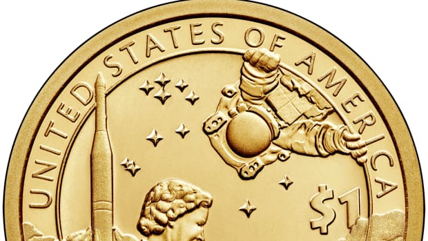 The reverse of the 2019 Native American $1 enhanced uncirculated coin shows Mary Golda Ross and features a background set in Space. (Image courtesy of the U.S. Mint.)