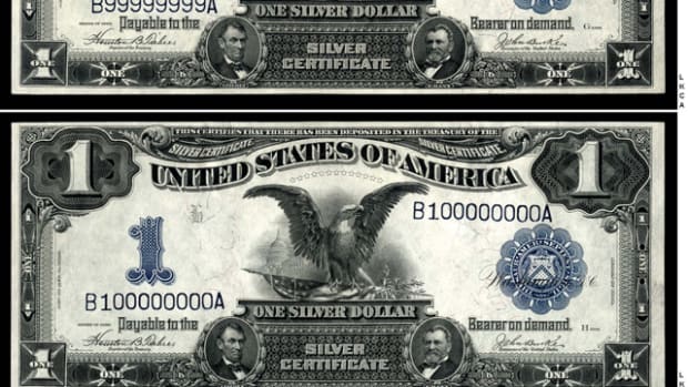 Lot 1083, a pair of $1 1899 large size silver certificates from the same block with serial numbers #99999999 and #10000000, Fr. 233
