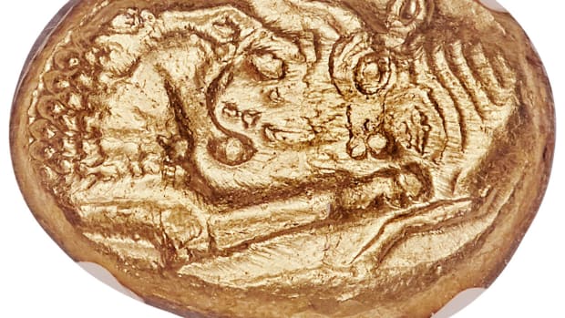 Light, 8.08 g, stater struck at the Lydian mint of Sardes for Croesus c. 553-539 BCE. Graded NGC MS 4/5 - 4/5 it is slated to feature in Heritage Auctions Long Beach sale in September. (Image courtesy Heritage Auctions)