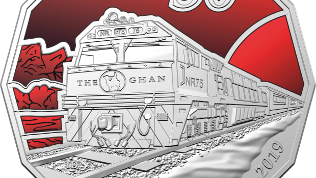The new coin commemorating the 90th Anniversary of the Ghan. (Image courtesy of the Royal Australian Mint)