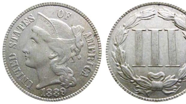 An 1889 nickel three-cent piece can range in price from $90 to $500, depending on condition, according to U.S. Coin Digest.  (Image courtesy of USACoinBook.com)