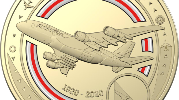 One of the 11 coins featured in the 11-coin set honoring the Qantas Centenary. Image courtesy of the Royal Australian Mint.