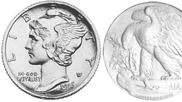 The American Eagle palladium coin will use the obverse of Adolph Weinman's Mercury dime and the reverse of his 1907 American Institute of Architects gold medal.