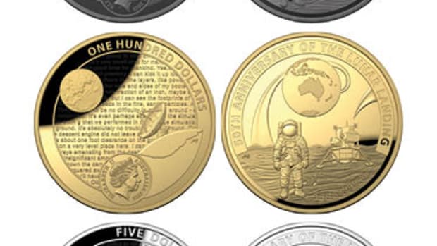 Australia’s three proof commemoratives marking the 50th anniversary of the first lunar landing on Jul. 20, 1969. From left: domed-shaped, black nickel-plated $5; gold $100; silver$5. (Images courtesy & © RAM.)