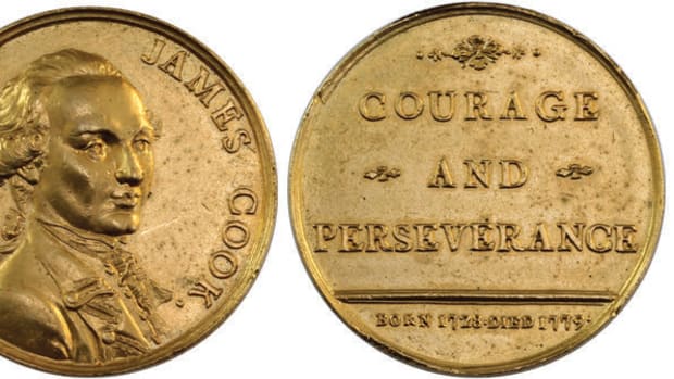Obverse and reverse of only known example of James Cook’s first memorial struck in gilt copper between January and September 1780. It will be offered for sale by International Auction Galleries in March. Images courtesy & ©  IAG 2020.