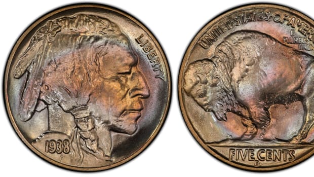 A 1938-D/S Buffalo nickel graded MS-67 by PCGS. (Images courtesy Heritage Auctions)