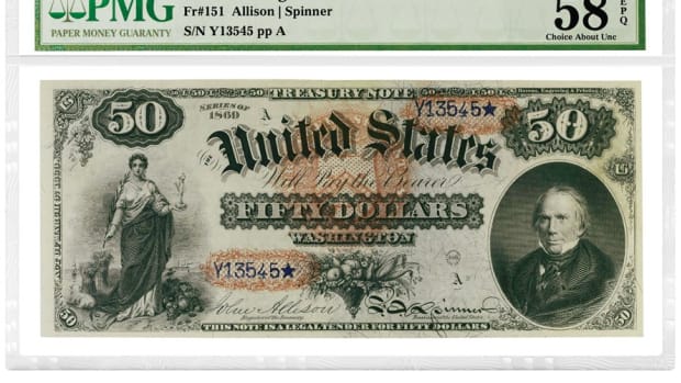Shown here is the 1869 Legal Tender "Rainbow Note" that realized $180,000 at auction. Image courtesy of PMG.