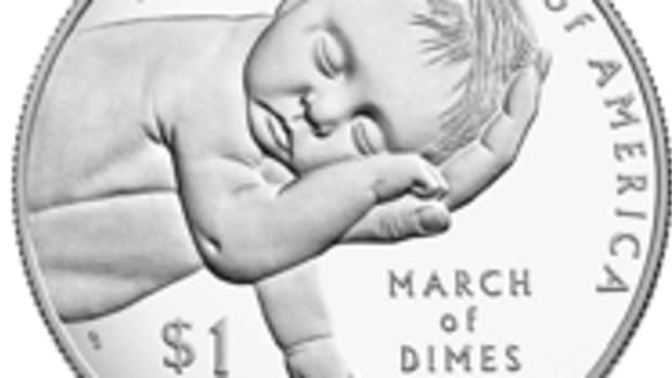 The 2015 $1 Silver March of Dimes Reverse designed by 2018 COTY Award winner for Lifetime Achievement in Coin Design, Don Everhart II.