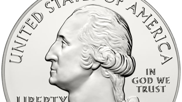The America the Beautiful 5-ounce silver coins share a common obverse seen here, though the collector’s uncirculated version adds a “P” mintmark to the right of Washington’s bust.