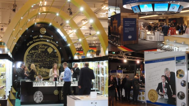 Examples of booths at the World Money Fair (Left) The Mint of Poland, (Top Right) MDM Deutsche Münze and (Bottom Right) Emporium Hamburg.