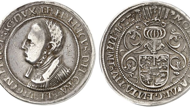 Showcasing Duke Friedrich, this coin is one of the great rarities in numismatics, being the first Danish portrait coin. Struck in 1522, only a few examples of the Husumer taler are known. This one will be sold by Künker Münzauktionen in June as the firm returns to a live auction format. (Images courtesy Künker.)