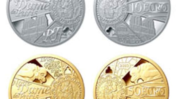 Silver €10 and gold €50 proof struck by Monnaie de Paris as part of the national effort to raise funds for the rebuild of Notre Dame Cathedral. The designs are based on the 2013 Notre Dame coins. Images courtesy Monnaie de Paris.