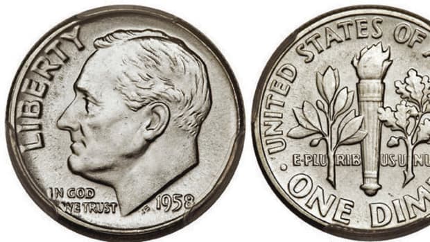 This 1958 Roosevelt dime with Full Bands is graded MS-67 by PCGS. (Images courtesy Heritage Auctions.)