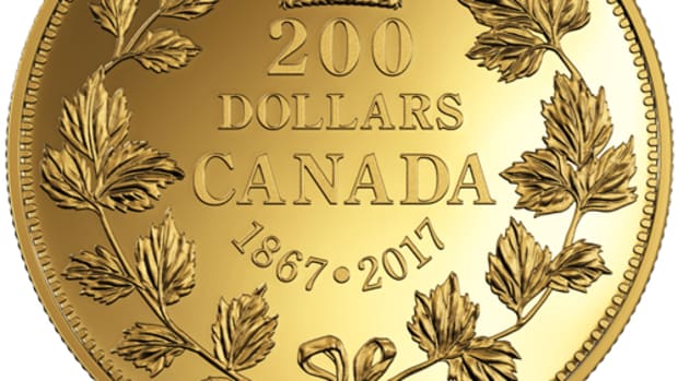 A gold proof coin marking Canada’s 150th birthday in 2017 has a reverse design similar to that of the nation’s first circulation coinage. (Image courtesy Royal Canadian Mint.)