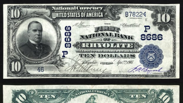 Until this note surfaced, no notes were known to exist on the First National Bank of Rhyolite, Nev. This exciting rarity will be featured in Lyn Knight Currency Auctions’ PCDA sale this November.