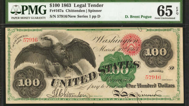 Fr. 167a. 1863 $100 Legal Tender Note. PMG Gem Uncirculated 65EPQ. The Finest Known. Image courtesy Stacks Bowers