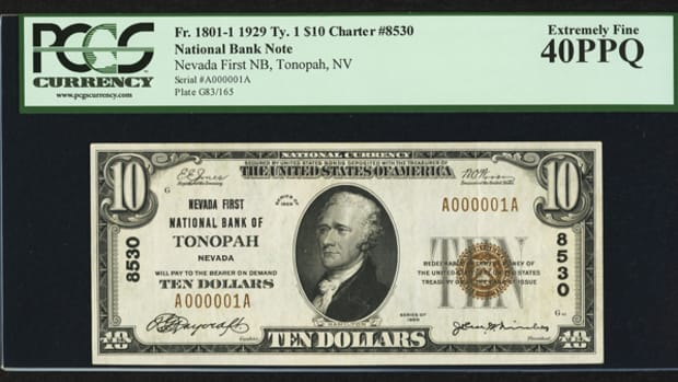 A No. 1 1929 $10 from The First National Bank of Tonopah, Nev., is expected to draw attention at Long Beach.