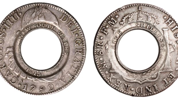 Bringing nearly a half million Australian dollars was this Holey Dollar. Image courtesy Noble Numismatics.