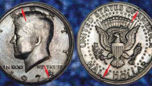 A Double Collar Cud is difficult to find. Though it is worth just $100, it took the author seven or eight years to find one on a 1974 Kennedy half dollar.