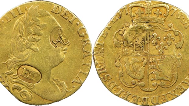 A 1778 Great Britain Guinea hallmarked by famous coiner Ephraim Brasher.