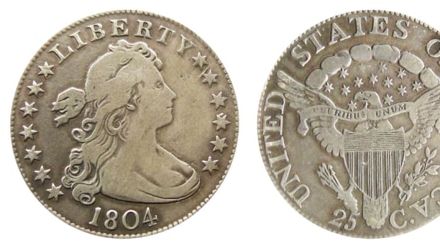 The Draped Bust quarter of 1804 is the second year of the U.S. quarter after an 8-year lapse in production. (Image courtesy of usacoinbook.com)