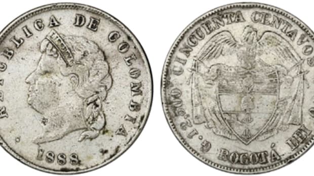 The “Cocobola” Cincuenta centavos struck at Bogota in 1888 is one of the great rarities in the Colombian half dollar series. Only five are known and only two of them have surfaced at auction to the best of my knowledge. (All images courtesy Daniel Frank Sedwick, LLC.)