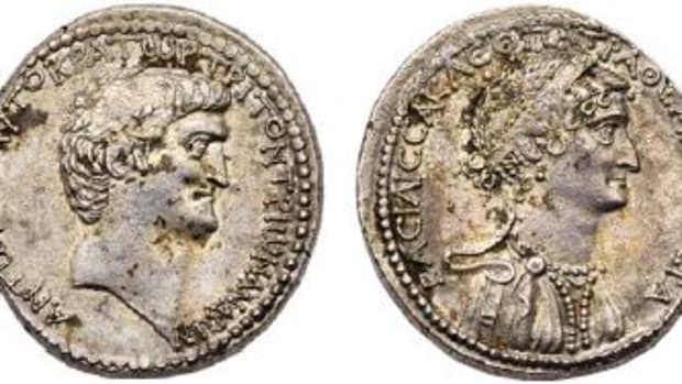 Antony and Cleopatra:  Shown is a 36 BC tetradrachm of Mark Antony and Cleopatra.  (Photo credit: Lyle Engleson, Goldberg Coins & Collectibles)