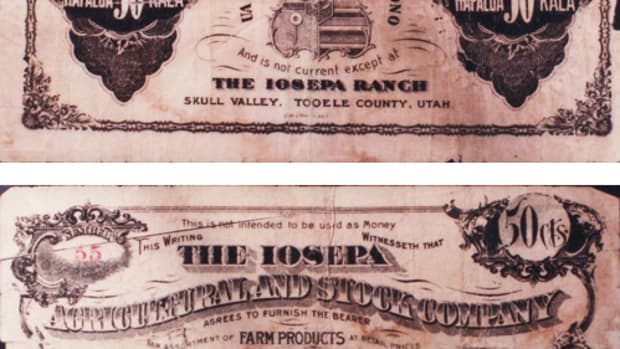 The face and back of a scrip issue of the Iosepa Agricultural and Stock Company.