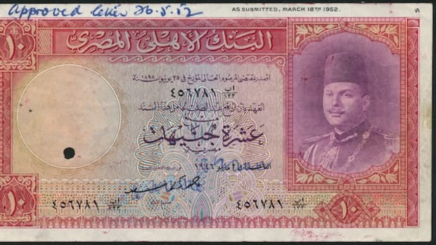 Extremely rare National Bank of Egypt, specimen proof £10 of 1946, Not in Pick, that topped Spink’s April sale with a price of $82,695. The note was never issued due to overthrow of King Farouk in July 1952.