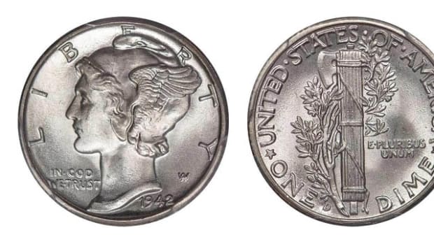 Lot 228: 10C 1942/1-D PCGS MS65FB CAC.  Sale estimate $25,000-$28,000. (Image courtesy of Legend Rare Coin Auctions)