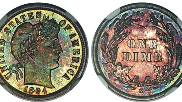 This 1894-S Barber dime passed the million dollar threshold when it crossed the auction block at $1,500,000. (All images couretsy Heritage Auctions, www.HA.com.)